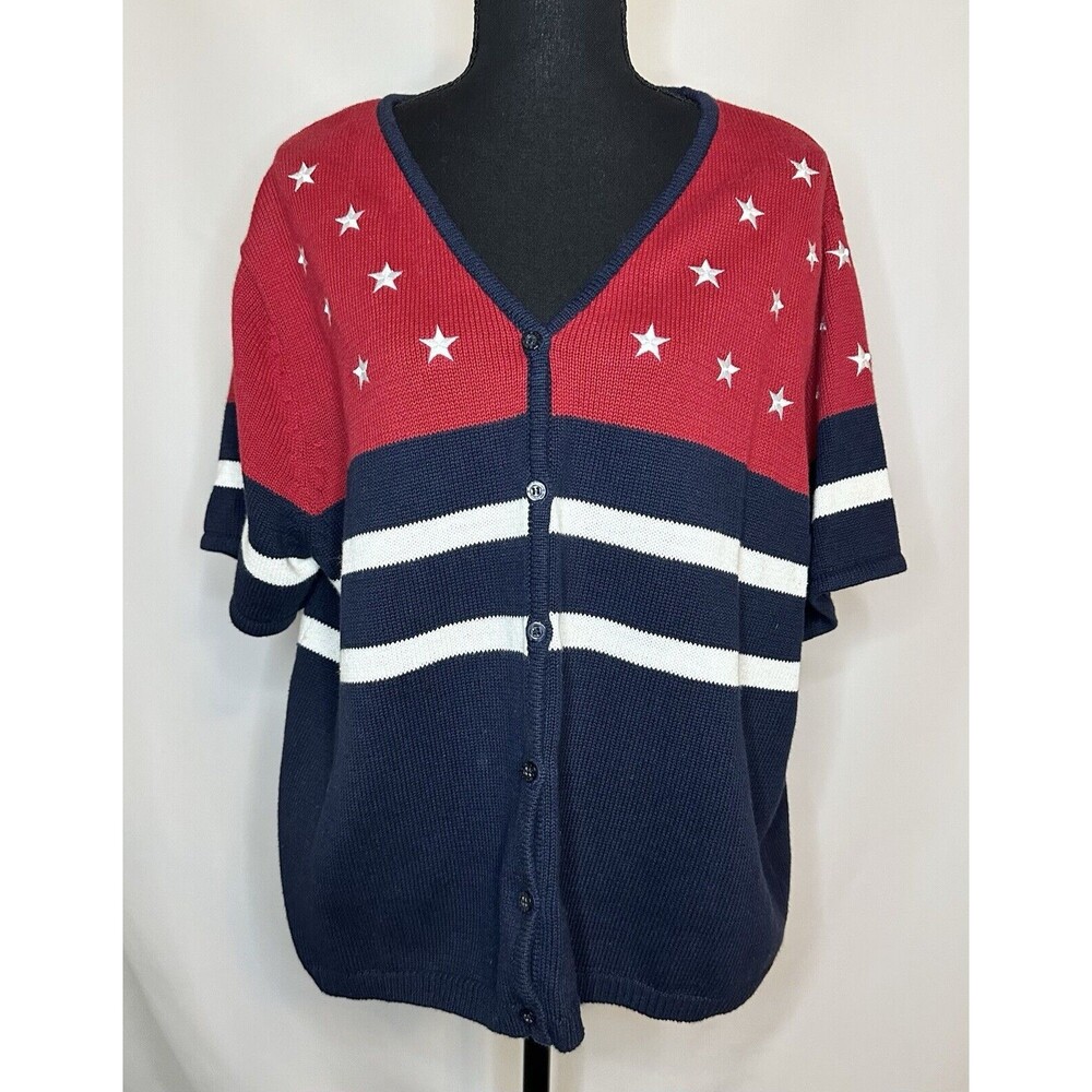 VTG‎ Norton Studio American Flag USA Patriotic Short Sleeve Cardigan Women's XL